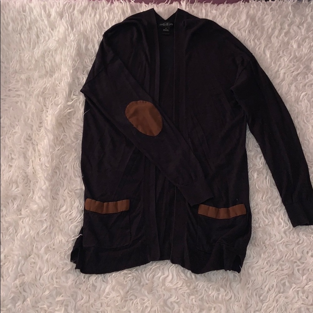 Gray cardigan with patched elbows